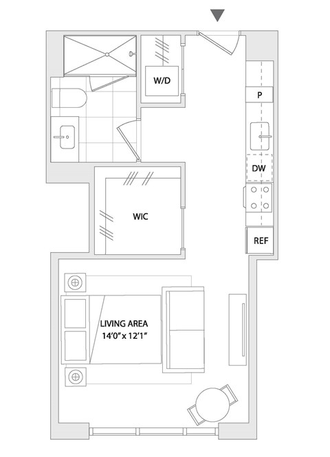 Floor plan for studio, 1 bath, 508 sqft